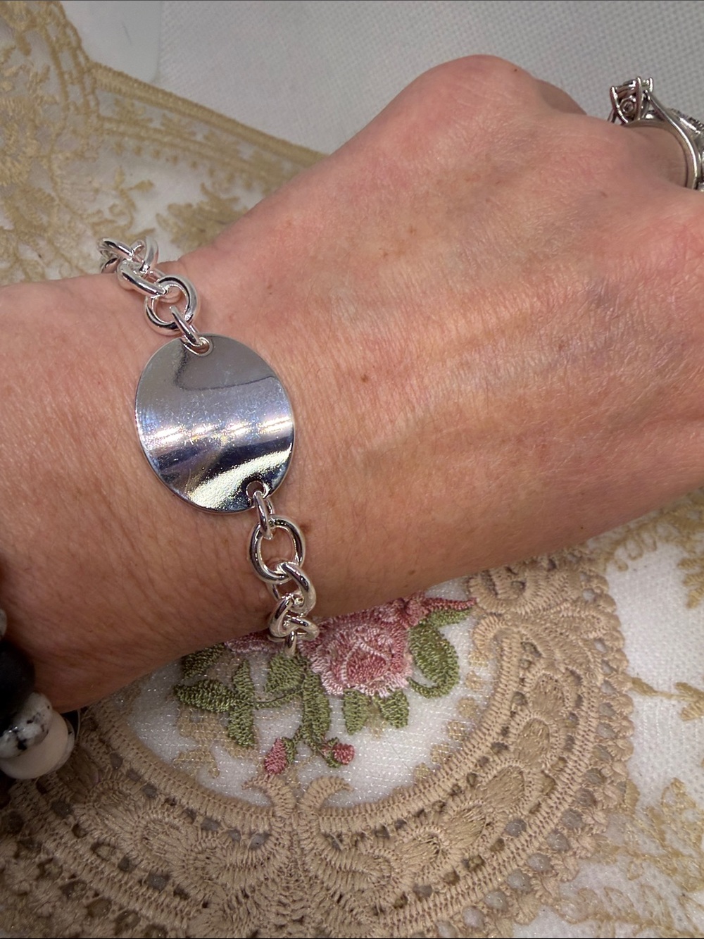 925 Sterling Silver Center Plate Chain Bracelet Adjustable 7.25”